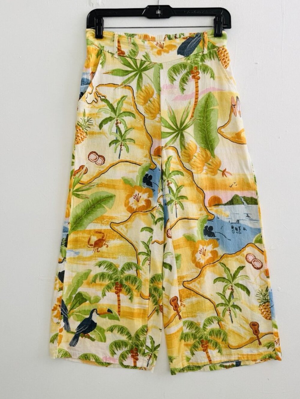 NEW Rachel Zoe Linen Wide Leg Pants Women Tropical Palm Tree Map Resort XSMALL